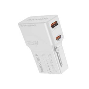Promate Triplug-PD18 Sleek Universal Power Plug with 18W & Quick Charge QC3.0 - White